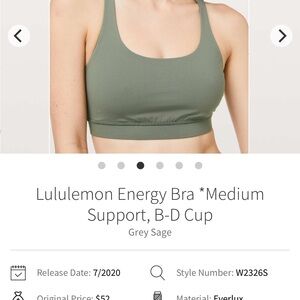 NWT Lululemon Athletica Strappy Bra in Grey Sage